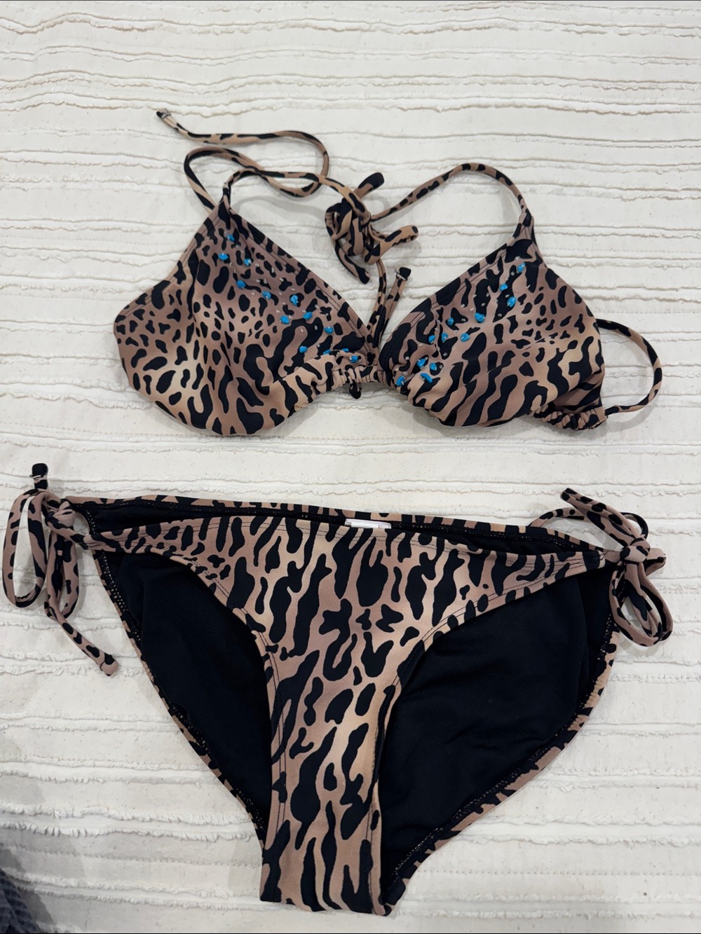 Leopard Print Tie-Side Bikini Set - Tan/Black